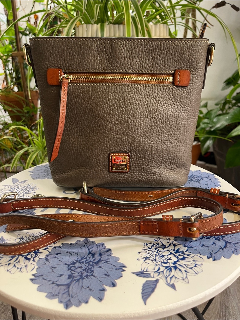 Dooney & Bourke Gray Pebbled Leather Crossbody with Brown Trim